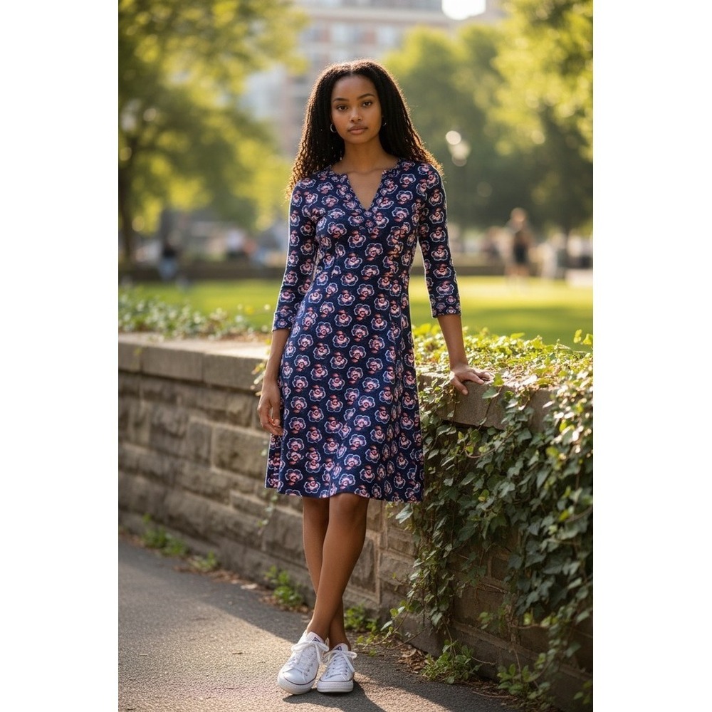Boden Stephanie Jersey Dress 2P Navy‎ Blue Floral 3/4 V-Neck Knee Length shift
